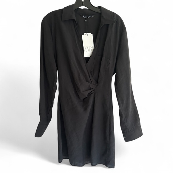 Zara Dresses & Skirts - NWT ZARA Faux Wrap Long Sleeve Collared Mini Shirt Dress Scandi Minimalist Sz XS